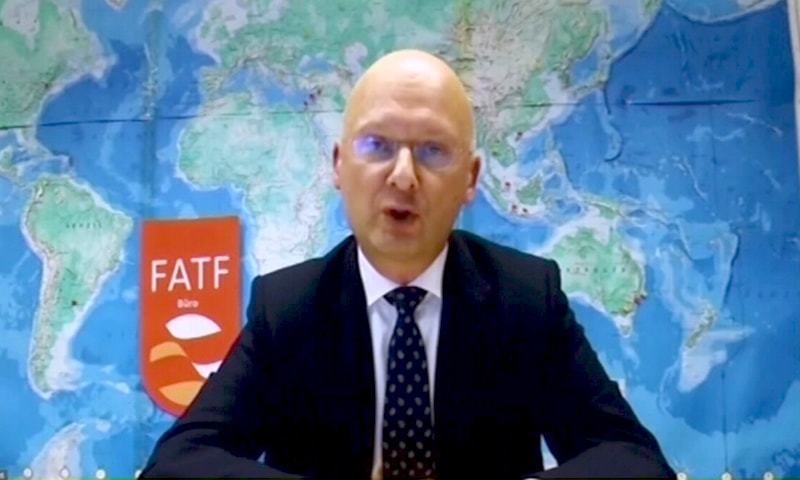 FATF President Marcus Pleyer addresses a virtual press conference after a three-day plenary session of the financial watchdog concluded. — DawnNewsTV