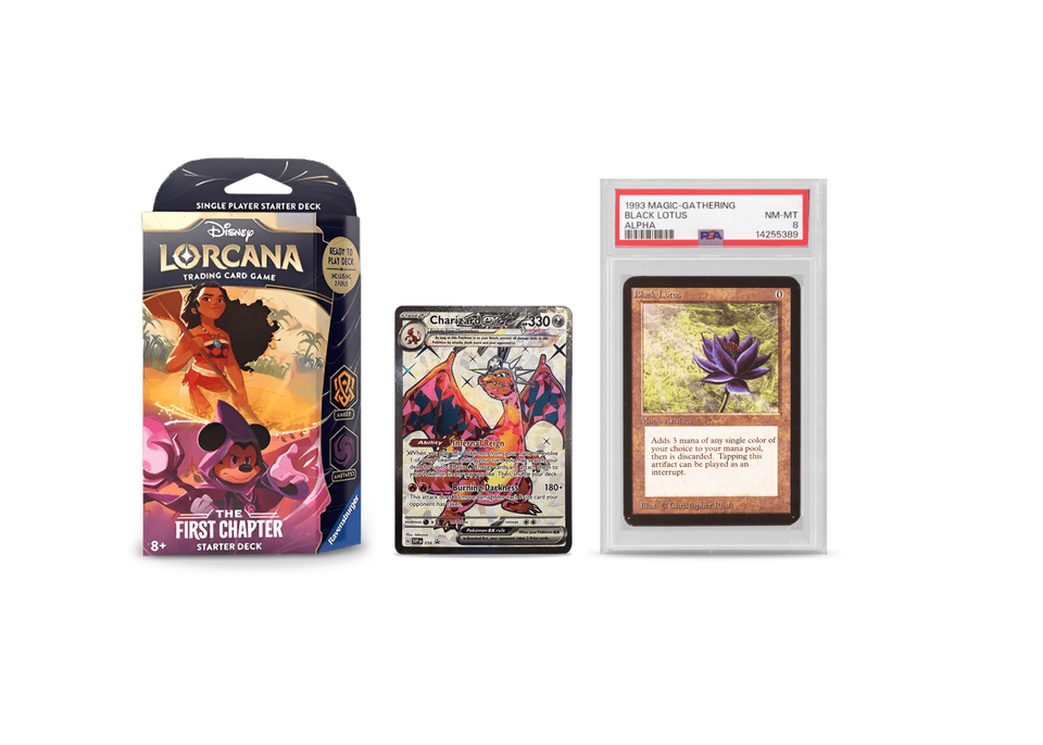 A Disney Lorcana starter deck, an NM Pokémon Charizard EX SVP056 Black Star promo card, and a graded Magic the Gathering Alpha Black Lotus card sit against a red background.