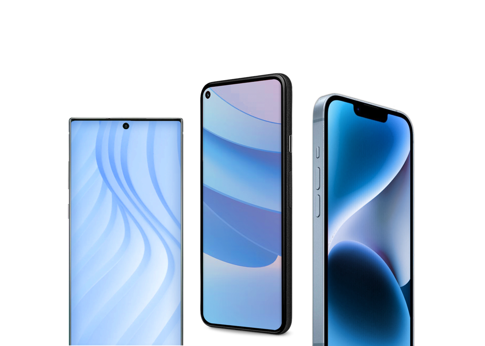 An Apple iPhone 14, a Google Pixel 5, and a Samsung Galaxy Note 10, each with a blue abstract wallpaper, are clustered together on a light blue background.