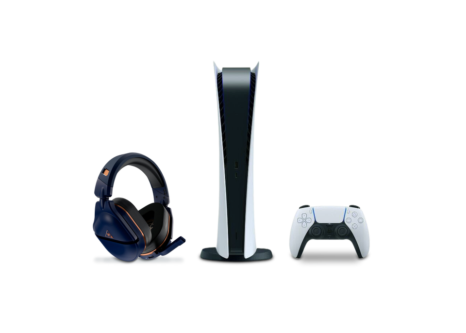 A pair of Turtle Beach Stealth 700 Gen 2 MAX Wireless Headphones, a Sony PlayStation 5, and a Sony PlayStation 5 controller lined up against a blue background.