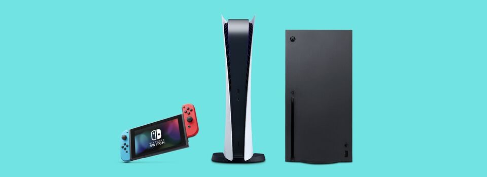 A Nintendo Switch with Neon Blue and Neon Red Joy-Cons, a Sony PlayStation 5 console, and an Xbox Series X console against a turquoise background.