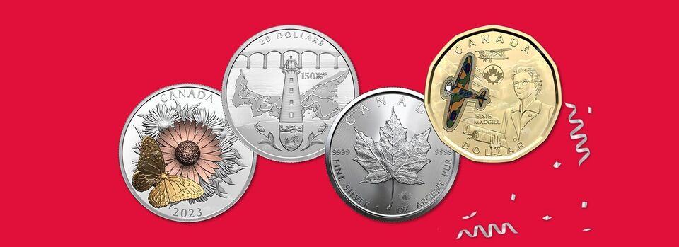 4 coins pictured on a red background a silver coin highlighting the 150th anniversary of PEI joining Confederation, a multi-coloured Monarch and The Bloom coin, a gold coin honouring Elsie MacGill, and a silver coin with the Maple Leaf.