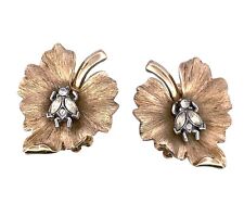 Signed Crown Trifari Yellow Gold Plate Rhinestone Fly on Leaf Clip-on Earrings