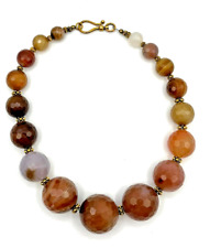 Faceted Graduated Agate Stone Necklace with Gold Tone Beads