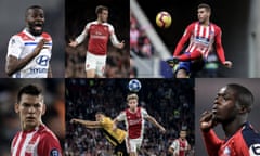 Clockwise from top left: Lyon’s Tanguy Ndombele, Aaron Ramsey of Arsenal, Atlético Madrid’s Lucas Hernández, Nicolas Pépé of Lille, Ajax’s Frenkie de Jong and Hirving Lozano of PSV. Photographs by Getty Images. Composite Jim Powell