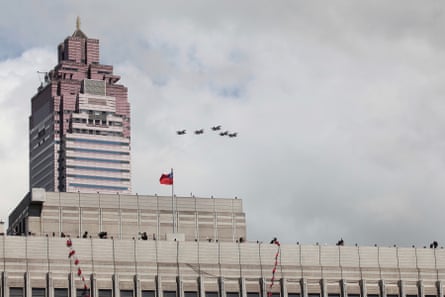 Jets fly over Taipei during Taiwan’s national day celebrations.