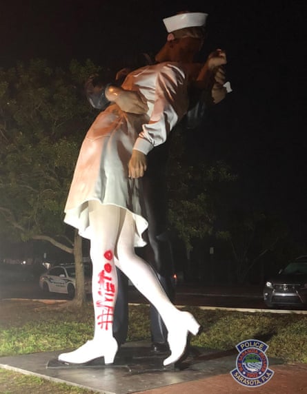 Vandalism to Unconditional Surrender statue, with ‘#MeToo’ painted on the leg.