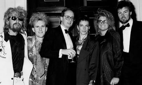 John Preston, second from left, with, from left, musicians Dave Stewart, Howard Jones,Annie Lennox, Alison Moyet and Paul Young.