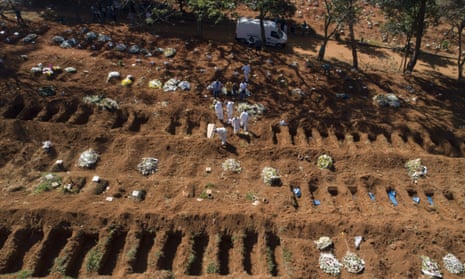 Cemetery workers in protective clothing bury a Covid-19 victim in São Paulo, Brazil.
