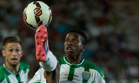 Patrick Ekeng, seen here playing for Cordoba CF in 2014, collapsed on the pitch whilst playing for Dinamo Bucherest on Friday night in a Romanian league match.