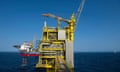 The Total Culzean platform in the North Sea, with yellow structure and crane on top
