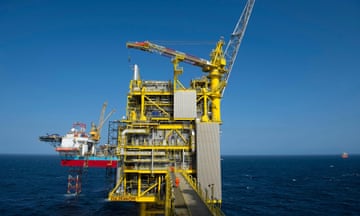 The Total Culzean platform in the North Sea, with yellow structure and crane on top