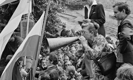 Gdansk shipyard workers on strike with Lech Wałesa, in May 1980.