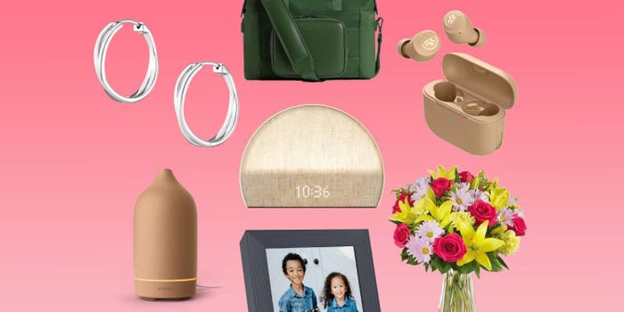 mother's day deal collage with aurate earrings, vitruvi stone diffuser, monos metro duffel, hatch sunrise alarm clock, aura mason frame, jlab air tones, and 1-800-flowers bouquet