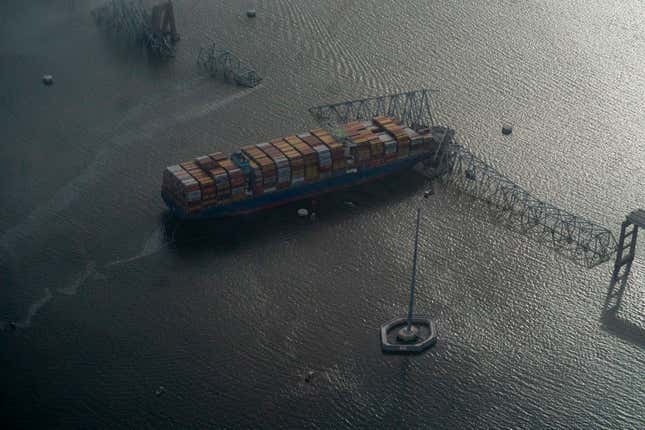 BALTIMORE, MD- March 26: The scene where Singapore-flagged container vessel Dali crashed into the Francis Scott Key Bridge in Baltimore, MD on March 26, 2024. 