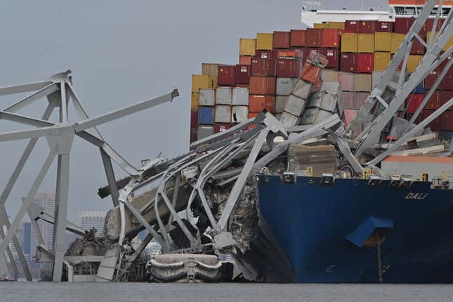 BALTIMORE, MD - MARCH 26: Shown is a partially collapsed Francis Scott Key Bridge following an early morning accident involving a container ship striking a support column on March 26, 2024 in Baltimore, Md.