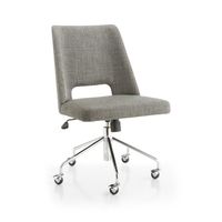 Shop Leo Upholstered Office Chair. Designed by Blake Tovin of Tovin Design, Leo elevates the traditional office chair with modern lines and tailored upholstery. A beautiful grey weave clings to every curve of the desk chair's padded seat and gently rounded back with a keyhole cutout.