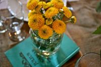 Button Mums in Mason Jars on old Books by Dandie Andie Designs