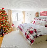 Plaid Christmas Bedroom / Featuring white walls, Red Plaid Bedding and a full spruce Christmas tree