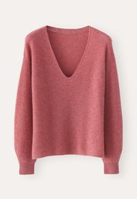So light and so warm, this fine ribbed cashmere sweater has a soft v-neckline and simple dropped shoulders with rounded, full length sleeves that create a relaxed and casual silhouette.