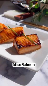 Miso Salmon (Nobu Style)...the black cod and crispy rice are my go to orders there…so I tried it with salmon and it was SO flaky and flavorful ❤️. Ingredients: •1/4 cup mirin. •1/4 cup sake. •1/3 cup miso paste. •1/3 cup cane sugar. •2 lb salmon (deboned, cut into filets). Directions: 1.- Boil the mirin and sake for 3 min. 2.- Add in sugar and miso. Cook a couple min without boiling. Let it cool. 3.- Pour it all over your fish, cover it VERY tightly and marinate for 24 hrs in fridge. 4.- Broil it (I did 7 min) but every oven is different so keep an eye out. #salmon #misoblackcod #seafood #nobu #makesmewhole #makeitdelicious #homecooking #tastemade #getinmybelly #foodforfoodies #foodstagram #inmykitchen #eatgoodfood #easyrecipes #fishrecipes #misosalmon