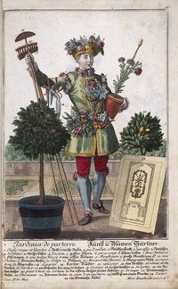 A landscape gardener with the tools, costume and apparatus of his trade - Coloured engraving, 18th Century