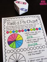 Roll a Pie Chart math center where kids roll the crayon dice and color in the circles then make a pie chart with their data and answer questions about their graph