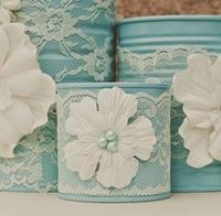 Painted tins, doilies and crafting flowers....this is such a super sweet wedding decoration idea!