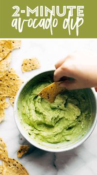 2-Minute Avocado Dip! Creamy Avocado Dip that comes together with less than five ingredients in two minutes flat! This is the BEST easy, healthy snack. Also a great spread for tacos. #avocado #dip #appetizer