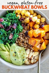 Vegan Buckwheat Bowls with Roasted Sweet Potato, Chickpeas, and Kale, with a vegan avocado cream sauce, crunchy toasted almonds, and sweet dried cranberries. Gluten free (yes, buckwheat is NOT wheat!), healthy, filling, tasty. #buckwheatrecipes #buckwheat #veganbowls