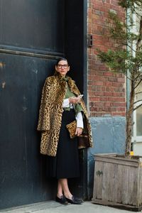Jenna Lyons at NYFW wearing cheetah, olive and black