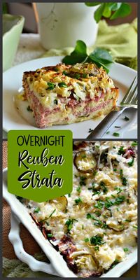 This Overnight Reuben Strata is a great way to start your day, though it is also perfect for brunch, lunch or dinner. Savory, tangy and a bit cheesy, this overnight Reuben corned beef strata is better than a sandwich. #breakfast casserole #casserole #overnightcasserole #Reuben #Cornedbeef