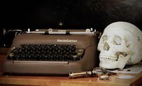 Vintage typewriter and skull from a Sherlock Holmes Murder Mystery Party on Kara's Party Ideas | KarasPartyIdeas.com (3) #sherlockholmes #sherlockholmesparty #karaspartyideas #30thbirthday #halloweenparty #uniquehalloweenparty #murdermysteryparty