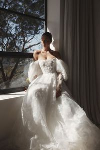 corseted bodice wedding dress || 3D Floral Lace ornamental appliqué || detachable sleeves wedding dress || romantic bride