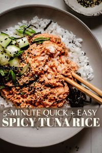 Tuna Rice is a quick and easy Hawaiian-inspired dish made with a spicy sriracha tuna mix layered over white rice. Add crunchy, umami toppings and dig into this budget-friendly and protein-packed meal that everyone will love! // recipe // canned // healthy // easy 