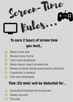 the screen time rules poster is posted on a white paper with black writing and green background