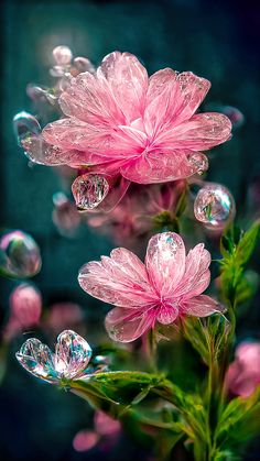 some pink flowers with water droplets on them