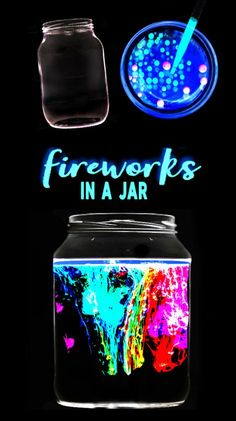 a jar filled with liquid next to a neon sign that says fireworks in a jar