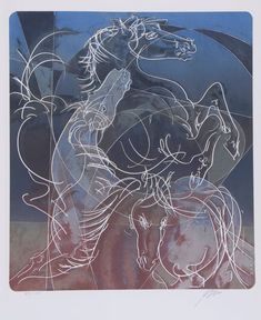 By Hans Erni.Drei Pferde,1984 Art Deco, Woodcut, Chess
