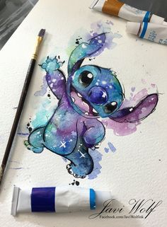 a watercolor drawing of a cartoon character in purple and blue with stars on it