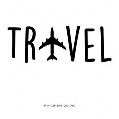 the word travel written in black ink with an airplane on it's back end