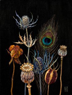 a painting of flowers and feathers on a black background