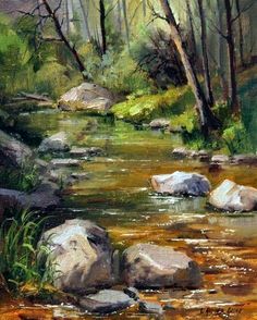 an oil painting of a stream with rocks and grass in the foreground, surrounded by trees