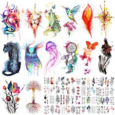 an assortment of temporary tattoos on a white background