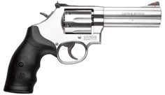 a silver and black revolver on a white background