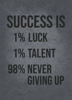 a black and white poster with the words success is 1 % luck 10 % talent 98 % never giving up