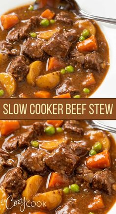 beef stew with carrots, potatoes and peas in a slow cooker beef stew