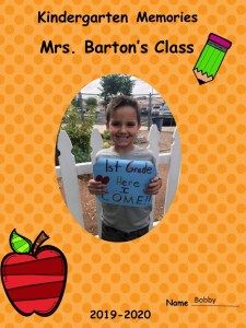 a child holding up a sign with an apple and pencil in the background that says, children's memories mrs barton's class