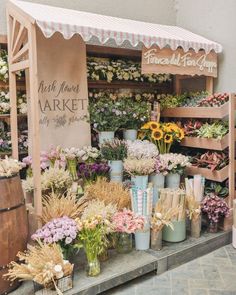 an outdoor market with flowers and plants for sale