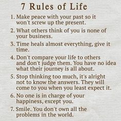 a poem written in brown ink with the words 7 rules of life on top of it